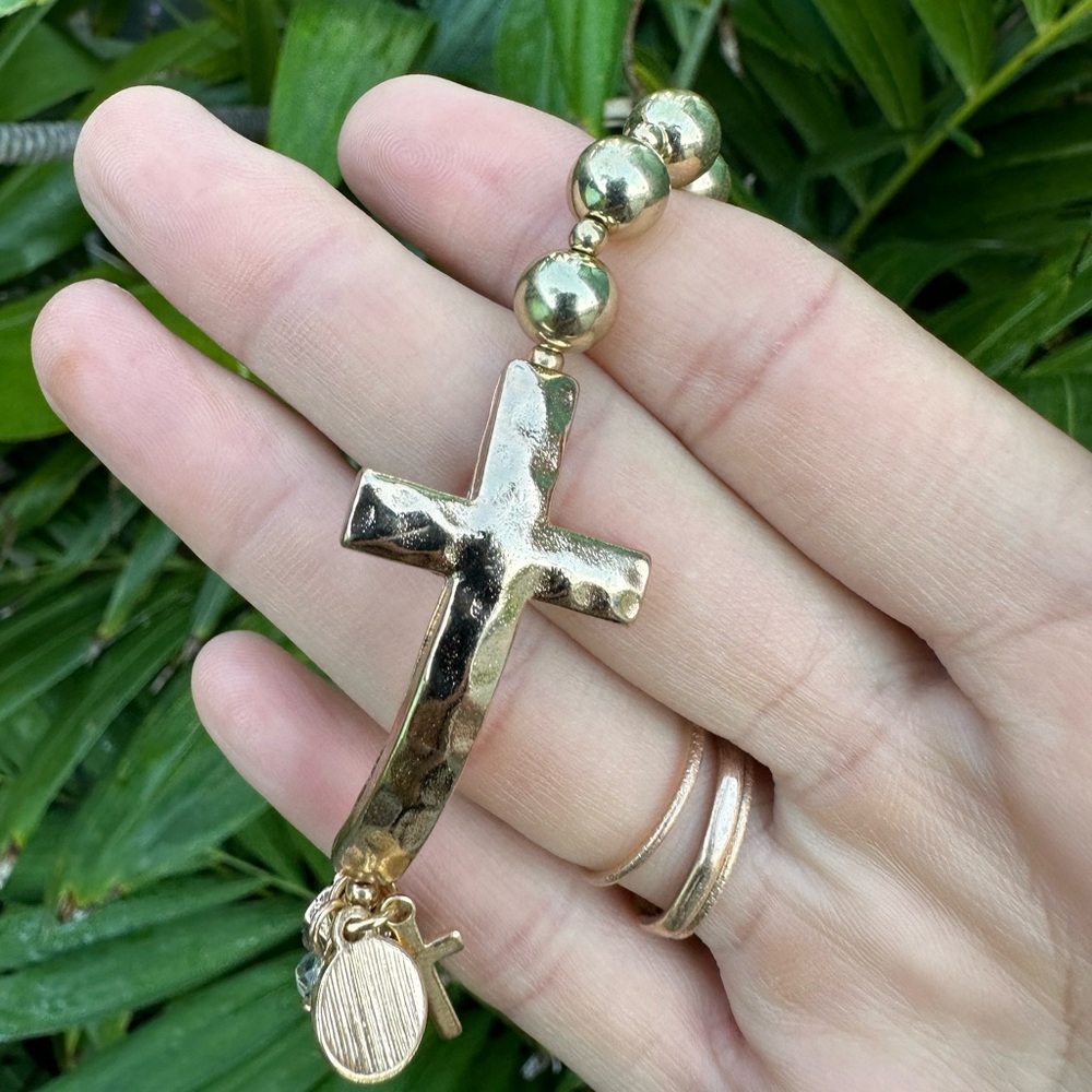 Gold Faith Cross Beaded Charm Stretch Bracelet